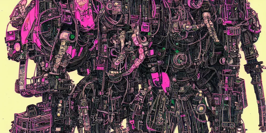 Prompt: flowerpunk mech scally samurai - it's one character in a mask with a lot of wires and tubes like in a ghost in the shell, risograph grainy painting, wrapped thermal background, by yoji shinkawa and moebius art, midshot wide portrait