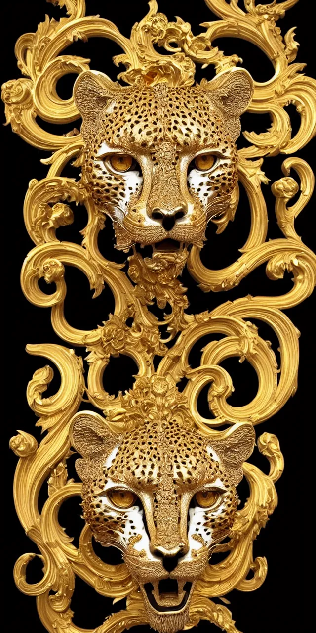 Image similar to beautiful portrait of a large ornate and intricate rococo cheetah face, symmetric, carved white marble with gold accents, 3 d, photorealistic, front facing, centered, hyper detailed, gold plated on black background, wallpaper, detailed and intricate emblem, baroque medallion,