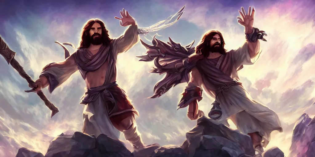 Image similar to jesus splash art as a league of legends character, digital art, riot games