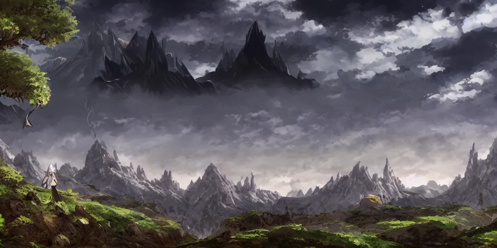 Image similar to landscape, medieval, claymore anime background, world destroyer from claymore manga towering in the sky, a forest in the foreground, mountains in the background, concept art, colour, illustration, smooth, sharp focus, tilted angle, intricate, trending on artstation, trending on deviantart, 4 k