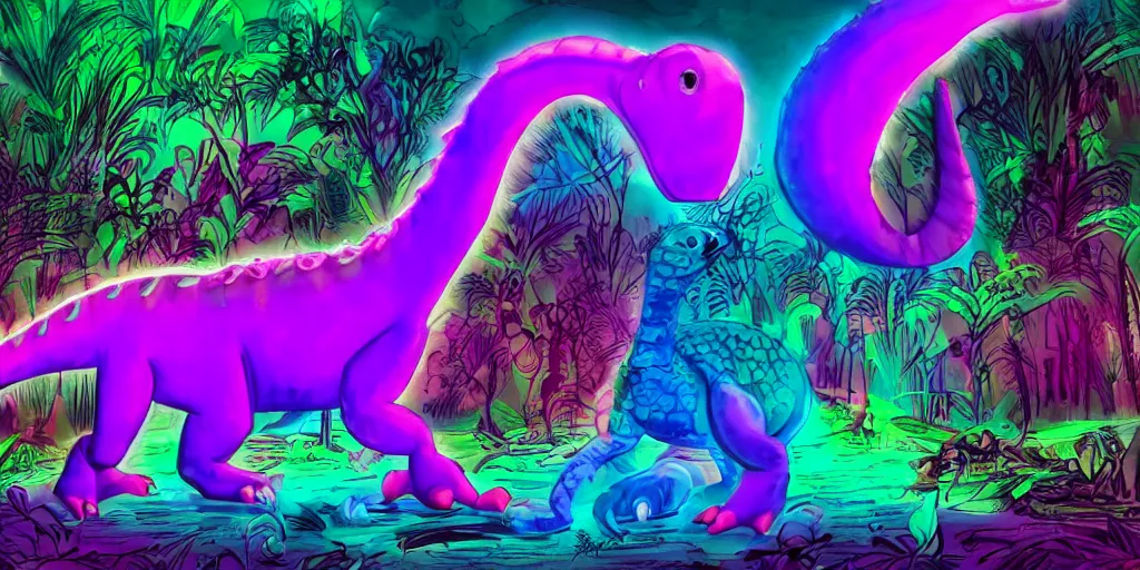 Prompt: spectral purple neon dinosaur, spectral neon pink dinosaur, spectral yellow neon dinosaur, green jungle background, detailed, ultrawide landscape