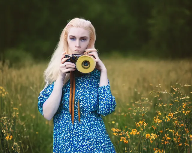 Prompt: pale beautiful young woman with bright blonde hair, freckles, blue eyes and a wide face, flowery dress, using a dslr camera, dramatic, art by anna nikonova