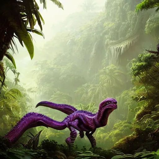 Image similar to Concept art of a scaly raptor-like alien creature, surrounded by a lush alien jungle with purple flora, Greg Rutkowski, Darek Zabrocki, Karlkka, Jayison Devadas, Phuoc Quan, trending on Artstation
