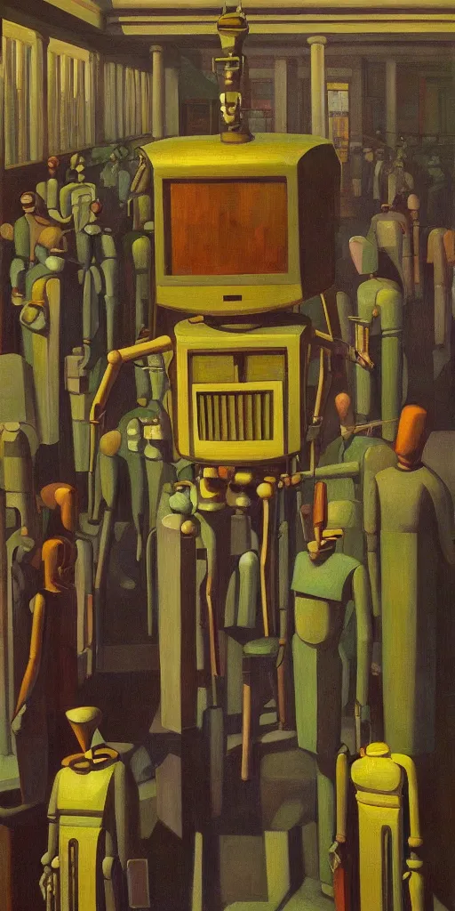 Image similar to robot druids in a grandiose atrium, grant wood, pj crook, edward hopper, oil on canvas