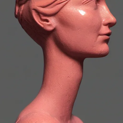 Image similar to sculpture of a woman's face in profile. She has high cheekbones, a strong jawline, and her hair is pulled back away from her face. She stares out at the viewer with a slight smile, her eyes half-lidded and her lips parted. There is a sense of calm and serenity about her. pastel red by Andrea Kowch robust