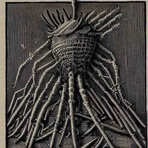 Prompt: bacteriophage woodcut by gustave dore, artstation