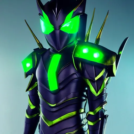 Prompt: High Fantasy Kamen Rider, glowing eyes, 4k, daytime, rubber suit, segmented armor, dark blue armor with green secondary color, tokusatsu