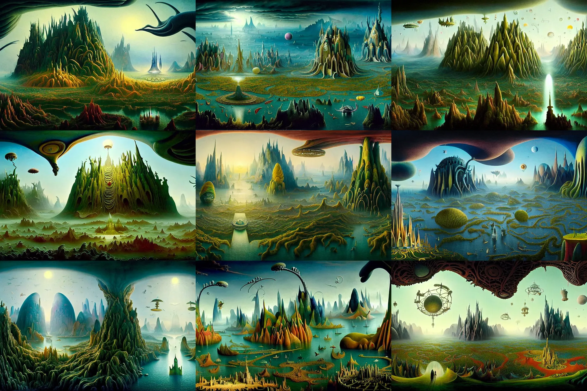 Prompt: a beguiling epic stunning beautiful and insanely detailed matte painting of alien dream worlds with surreal architecture designed by Heironymous Bosch, mega structures inspired by Heironymous Bosch's Garden of Earthly Delights, vast surreal landscape and horizon by Asher Durand and Oh Ji Hoon, masterpiece!!!, grand!, imaginative!!!, whimsical!!, epic scale, intricate details, sense of awe, elite, wonder, insanely complex, masterful composition!!!, sharp focus, fantasy realism, dramatic lighting