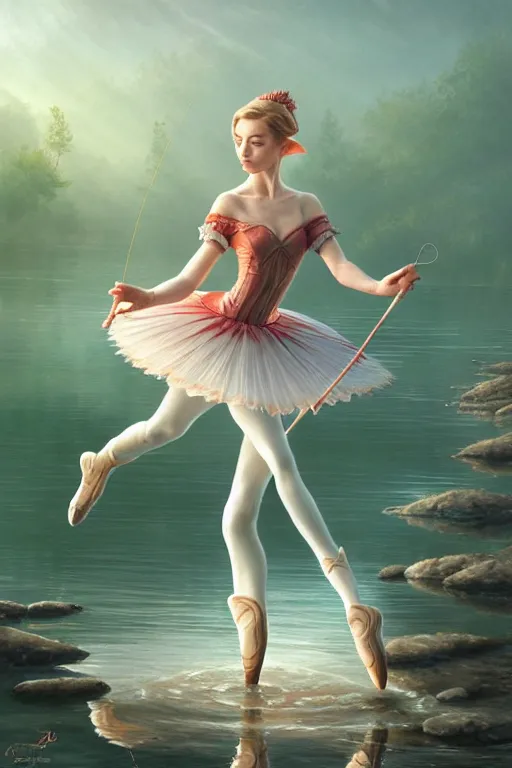 Image similar to elegant elf ballerina fishing in lake, highly detailed, d & d, fantasy, highly detailed, digital painting, trending on artstation, concept art, sharp focus, illustration, global illumination, ray tracing, realistic shaded, art by artgerm and greg rutkowski and fuji choko and viktoria gavrilenko and hoang lap