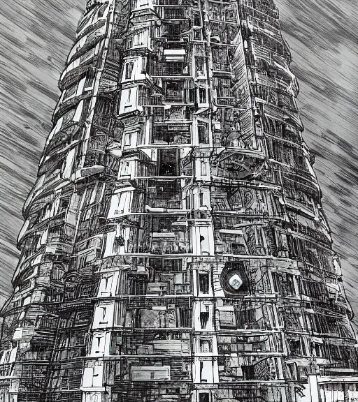 Image similar to tarkovsky, majestic ancient tower of babylon below a woman in transparent cyber clothing, hyperrealistic, blame manga, full color, manga style, by tsutomu nihei, cyber architecture, intricate, illustration, concept art, hyper - detailed, smooth, masterpiece, epic, cinematic, high quality