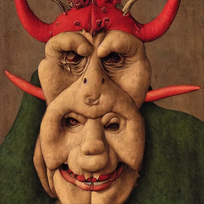 Prompt: close up portrait of an overdressed mutant monster creature with snout, horns, insect wings, unibrow, piercing eyes, toxic smile. jan van eyck