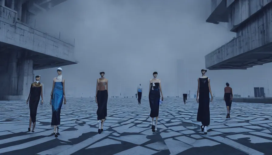 Image similar to Fashion Catwalk!! on a brutalist platform in an Angelic Floating City in the Clouds, Hyperrealistic, Intricate Details, Raytracing, Volumetric Lighting, Lightshafts, Blue and White Color Palette, Unreal Engine 5, Photorealism, Concept Art