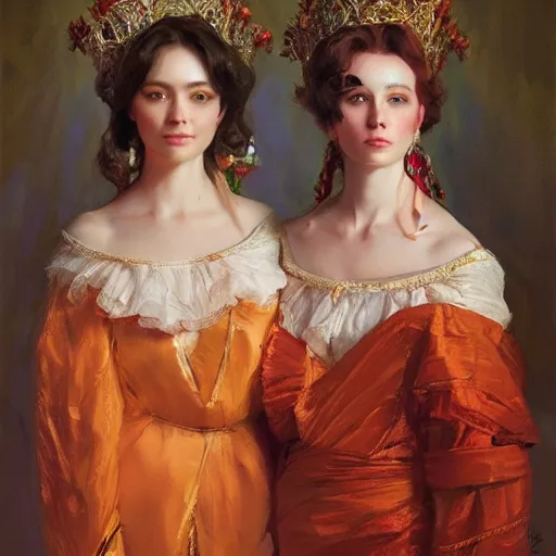 Image similar to Two beautiful queens in illegal marriage, vertical symmetry, warm colors, vintage shading, photorealistic oil painting, by Ilya Repin, artgerm, artstation