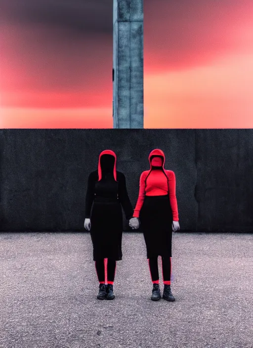 Prompt: cinestill 5 0 d photographic portrait of 2 women holding hands, wearing black techwear in front of a brutalist brushed metal building, closeup, on a desolate plain with a red sky, dystopia, cyberpunk, closeup, depth of field, 4 k, 8 k, hd, full color