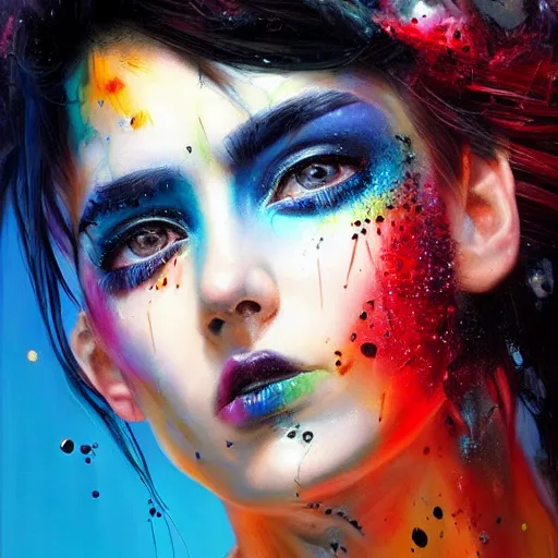 Prompt: cyberpunk goddess black hair, side portrait, striking, defiant, spotlight, vibrant colors, paint splash, beautiful eyes, blue pupils, by marco paludet and gianni strino and marion bolognesi