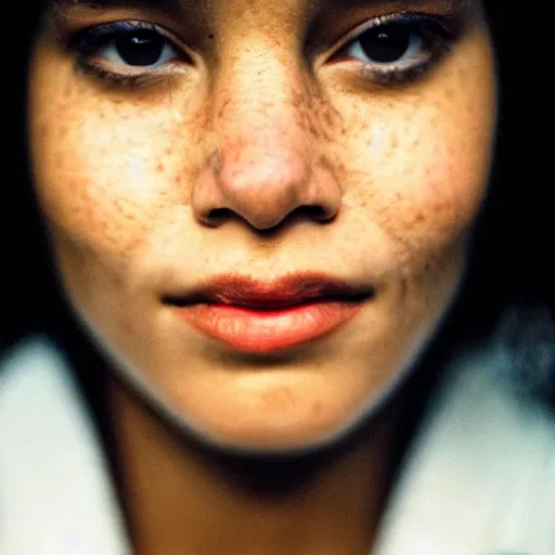 Image similar to Close up of a woman’s face captured in low light, sharp focus, insanely detailed, smiling, tearing up, cinematic, cinematic lighting, cinestill 800t