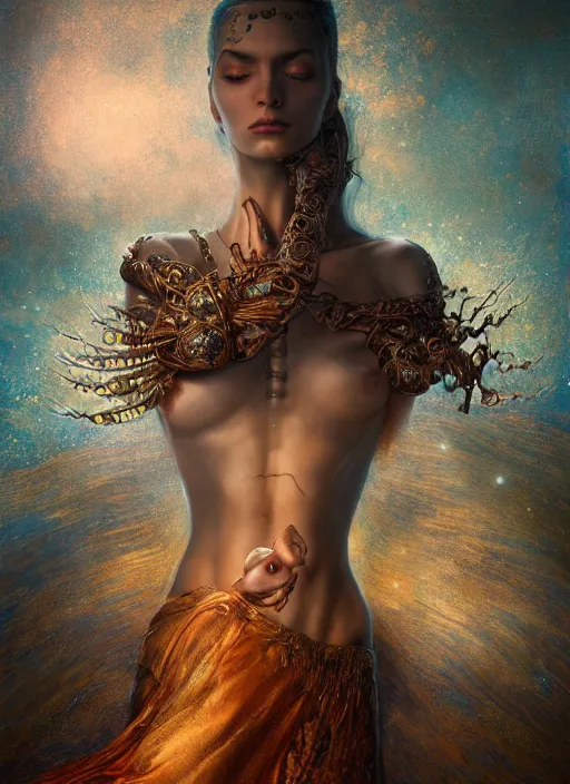 Image similar to epic portrait of menacing and proud yet stunningly beautiful biomechanical djinn overseeing the iridescent fabric of the universe, by charlie bowater, mandy jurgens, gustav klimt, octane render, dramatic camera angle, 4k, 8k, high detail, HDR, by tom bagshaw, powerful, with inspiration from Beksinski, inspired by greek goddess Athena