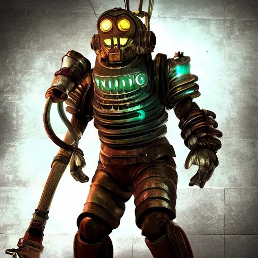 Image similar to isaac clarke as a bioshock big daddy, unreal engine 5, bioshock deadspace, high detail 3 d render,