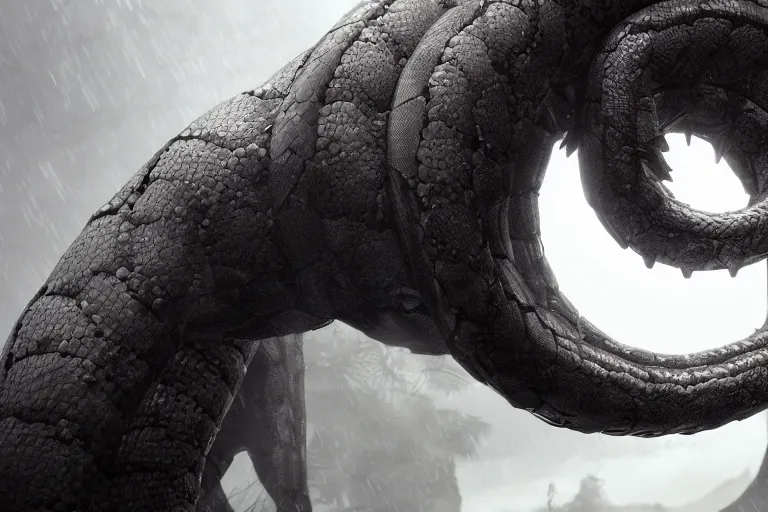 Image similar to amplified ritual engine, closeup portrait of a coiled colossal monster snake shrouded in fog, dramatic lighting, unreal engine, cgsociety, artstation, 4k