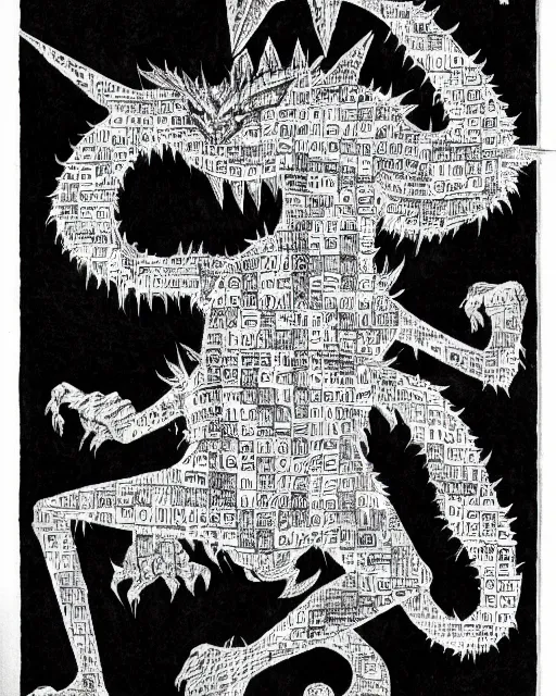 Prompt: The Pokemon MissingNo as a D&D monster, pen-and-ink illustration, etching, by Russ Nicholson, DAvid A Trampier, larry elmore, 1981, HQ scan, intricate details, high contrast