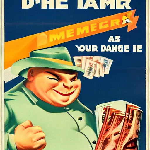Prompt: 1 9 5 0 american propaganda poster warning the danger of money, featuring a grinning chubby dude in suit