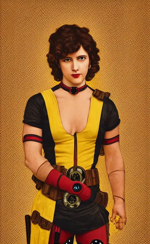 Image similar to deadpool portrait photography masterpiece, perfectly poised, foreshortening, brown hair fringe, yellow ochre ornate medieval dress, frederic leighton, background by william morris and kilian eng, framed, 4 k