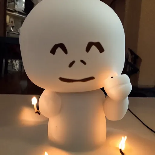 Image similar to a white marble statue of reddit snoo surrounded by lit candles