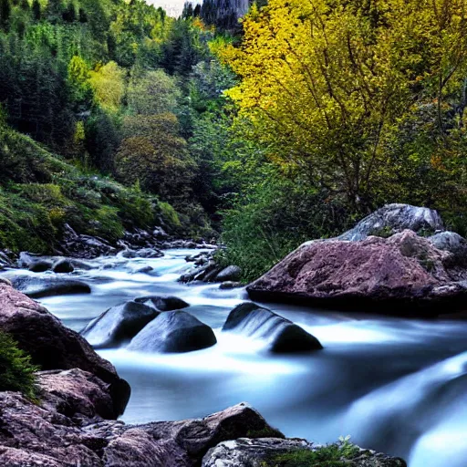 Prompt: a beautiful landscape, river, rocks, trees, polygonal