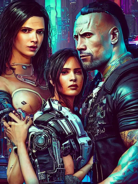 Prompt: a cyberpunk 2077 wedding couple portrait of Dwayne Johnson and a female android,complex mess of cables and wires behind them connected to giant computer,film lighting,by laurie greasley,Lawrence Alma-Tadema,William Morris,Dan Mumford, trending on atrstation,full of color,face enhance,sharp focus, highly detailed,8K, octane,golden ratio,cinematic lighting