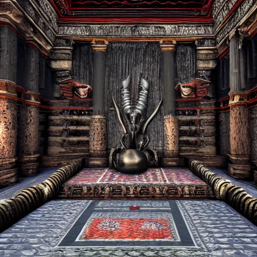 Prompt: the spare wolf in the center of the throne room of ancient aztec chieftan, epic ancient knowledge, by h. r. giger, unreal engine,