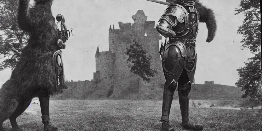 Image similar to anthropomorphic furry wolf in armor standing tall in front of a castle, 1900s picture