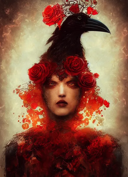 Image similar to red and golden color details, portrait, A crow with red eyes in front of the full big moon, book cover, red roses, red white black colors, establishing shot, extremly high detail, foto realistic, cinematic lighting, by Yoshitaka Amano, Ruan Jia, Kentaro Miura, Artgerm, post processed, concept art, artstation, raphael lacoste, alex ross, portrait, A crow with red eyes in front of the full big moon, book cover, red roses, red white black colors, establishing shot, extremly high detail, photo-realistic, cinematic lighting, by Yoshitaka Amano, Ruan Jia, Kentaro Miura, Artgerm, post processed, concept art, artstation, raphael lacoste, alex ross