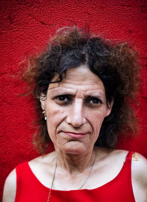 Image similar to color Close-up portrait of a beautiful 40-year-old Italian woman, wearing a red outfit, candid street portrait in the style of Martin Schoeller award winning, Sony a7R