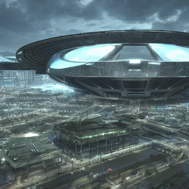 Image similar to a futuristic stadium with a giant metal gear on the field, the metal gear is tall, the stadium has a full crowd, unreal engine, hyper realism, realistic shading, cinematic composition, realistic render, octane render, detailed textures, photorealistic, wide shot