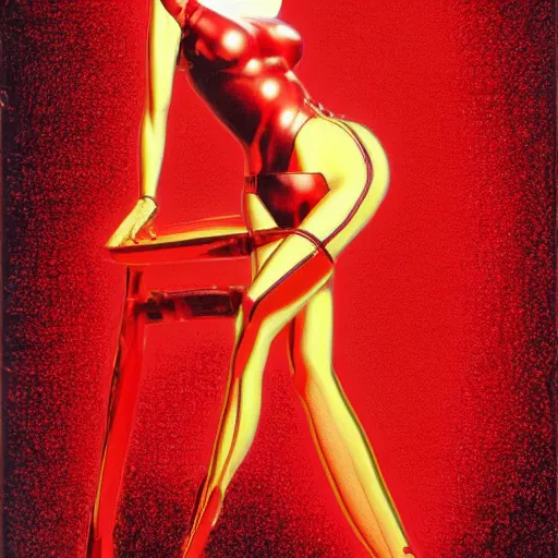 Prompt: a gynoid flameco dancer in a red flameco dress by hajime sorayama