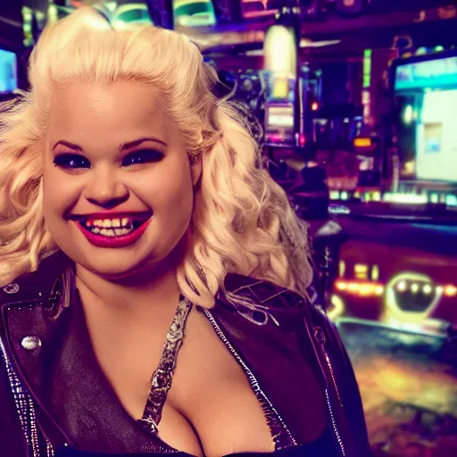 Prompt: high quality portrait of trisha paytas smiling as a pirate in a cyberpunk cyberpunk cyberpunk cafe, realism, 8k, award winning photo