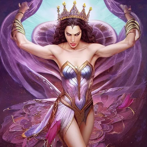 Prompt: full body fine art photo of the beauty goddess gal gadot, she has a crown of mesmerizing flowers, she is arriving heaven, by peter mohrbacher