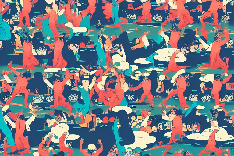 Prompt: techno house rave, people dancing hands up, ukiyo - e flat design