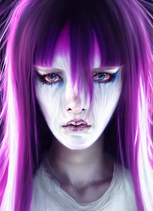 Image similar to hair whitebangs hair, black cyberlox, portrait of teenage girl with white bangs, whitebangsblackhair, messy bangs, cyberlox, whitebangs, red irises, purple clothes, intricate, elegant, glowing lights, highly detailed, digital painting, artstation, concept art, sharp focus, illustration, art by wlop, mars ravelo and greg rutkowski