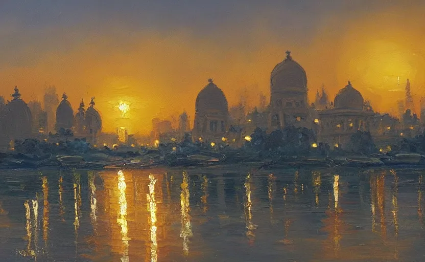 Image similar to detailed oil painting of an indian city, artstation, golden hours, beautiful lighting