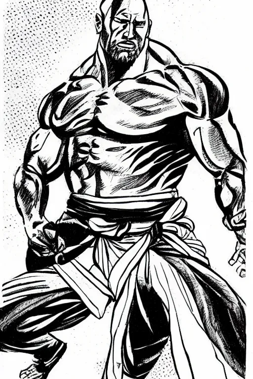 Image similar to a Manga ink drawing of Dwayne Johnson as a kung fu fighter in the style of Katsuhiro Ottomo.