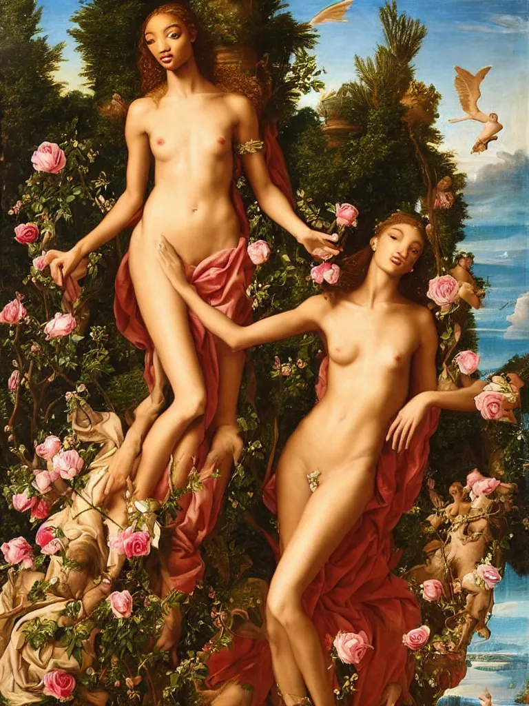 Prompt: regal portrait of jourdan dunn as aphrodite, goddess of love : : the birth of venus : : background of roses, myrtle, doves : : rococo, academicism