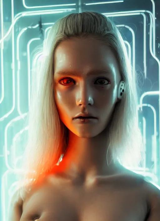 Prompt: a sensual scandinavian female humanoid with freckled cheeks, cyber neon lighting, futurism, intricate futuristic jewelry accessories, cyberpunk glossy white latex swimsuit, profile posing, hyper photorealistic, crispy quality, digital photography, trending in artstation, trending in pinterest, cinematic, 4 k ultra hd, art by pascal blanche, art by greg rutkowski,