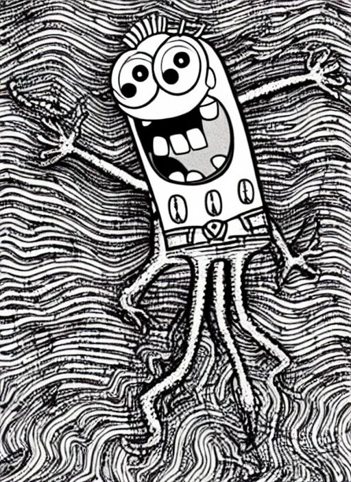 Image similar to junji ito style spongebob squarepants, intricate, highly detailed, illustration, art by junji ito, junji ito