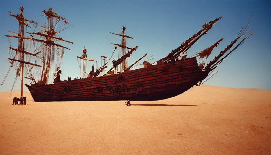 Image similar to movie still by alejandro jodorowsky of a pirate ship in the desert, cinestill 8 0 0 t eastmancolor technicolor, high quality, very detailed, heavy grain, fine facial features, 8 k, octane render