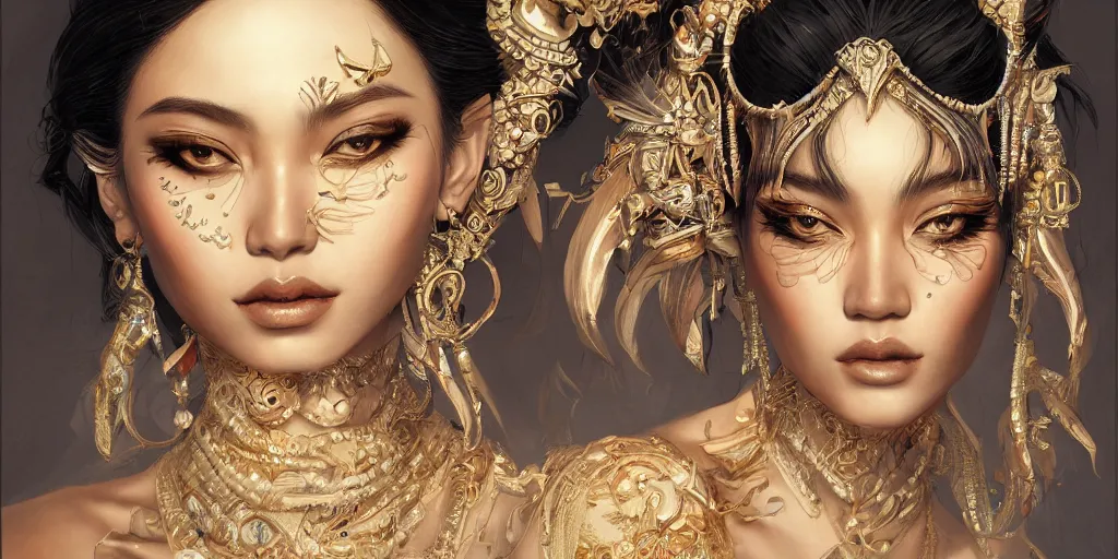 Image similar to Beautiful detailed portrait of an exotic goddess by Nick Silva, Shin JeongHo, Wandah Kurniawan, Symmetrical composition with people centered, realistic proportions, trending on artstation