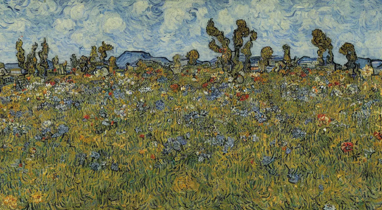 Prompt: painting of a graveyard adorned with flowers in a cemetary by van gogh, beautiful sunny day