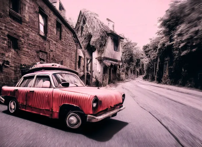 Prompt: an ugly old car driving in a narrow road, award winning photo, 4 k, photolab, polaroid photo