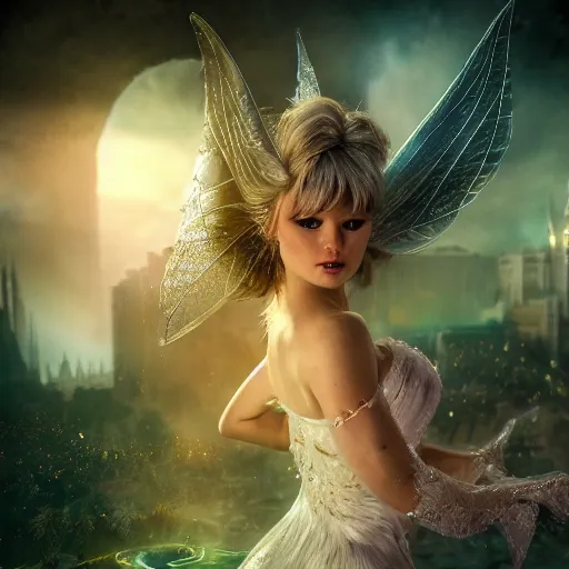 Image similar to full body pose, hyperrealistic photograph of evil tinkerbell, dim volumetric lighting, 8 k, octane beautifully detailed render, extremely hyper detailed, intricate, epic composition, cinematic lighting, masterpiece, trending on artstation, very very detailed, stunning, hdr, smooth, sharp focus, high resolution, award, winning photo, dslr, 5 0 mm