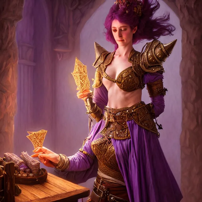 Prompt: d & d bard with her lilac leather armor in an inn, volumetric lighting, fantasy, intricate, elegant, highly detailed, lifelike, photorealistic, digital painting, artstation, fox ears illustration, concept art, sharp focus, by john collier and albert aublet and krenz cushart and artem demura and alphonse mucha